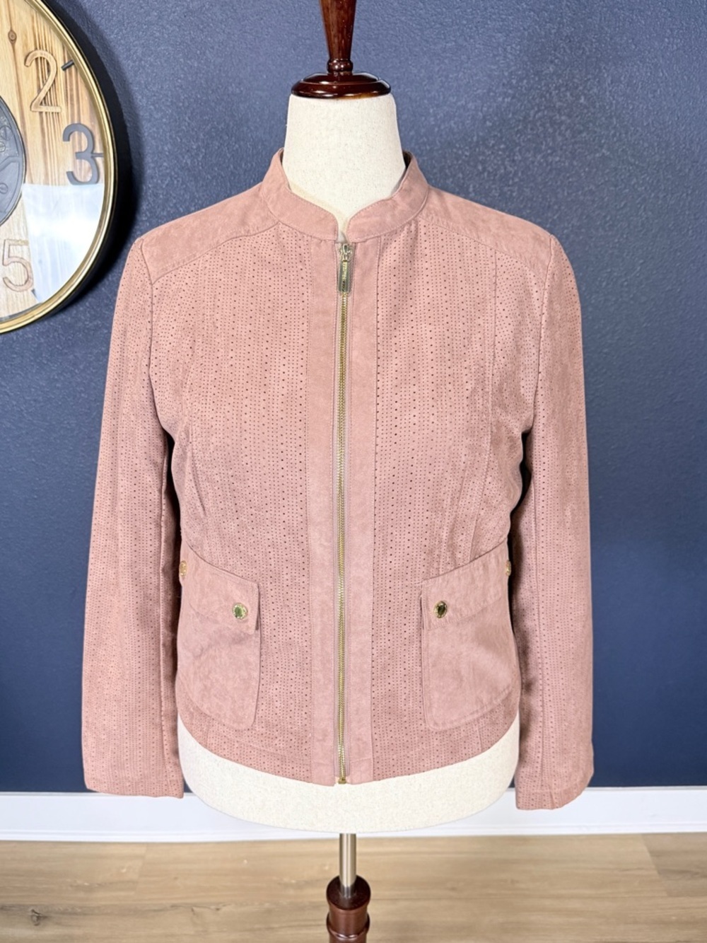 Kenneth Cole Reaction Pink Faux Suede Perforated Zip Jacket | Size Large